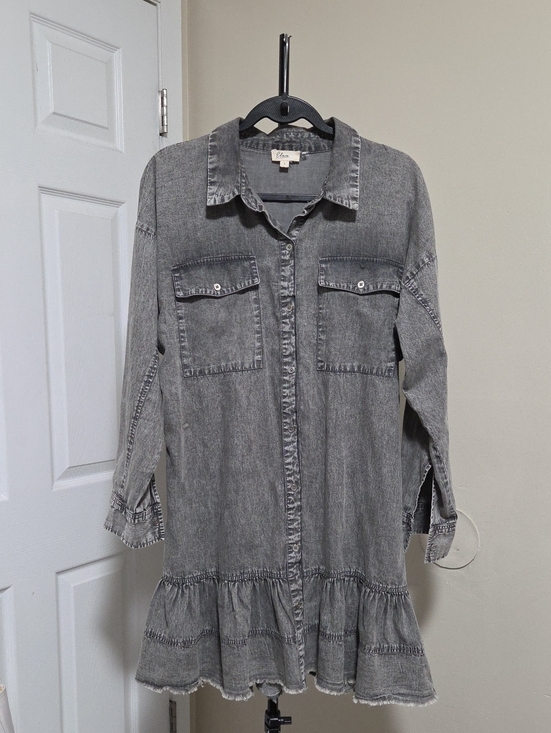 Elan Dresses & Skirts - Elan 100% Cotton Chic Gray Denim Shirt Dress with Ruffle Hem